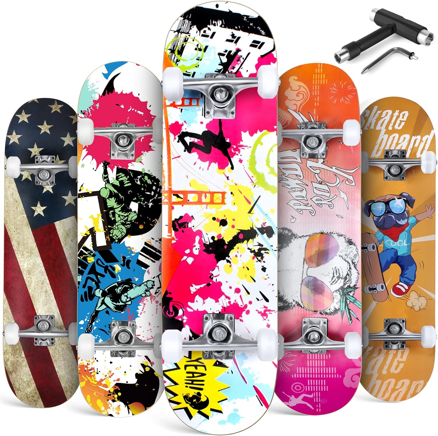 Amazon.com : BELEEV Skateboards for Beginners, 31 Inch Complete Skateboard for Kids Ages 3-12, Teens Adults, 7 Layer Canadian Maple Double Kick Deck Concave Cruiser Trick Skateboard (Graffiti) : Sports  Outdoors