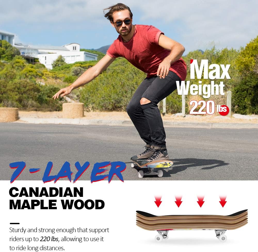 Amazon.com : BELEEV Skateboards for Beginners, 31 Inch Complete Skateboard for Kids Ages 3-12, Teens Adults, 7 Layer Canadian Maple Double Kick Deck Concave Cruiser Trick Skateboard (Graffiti) : Sports  Outdoors