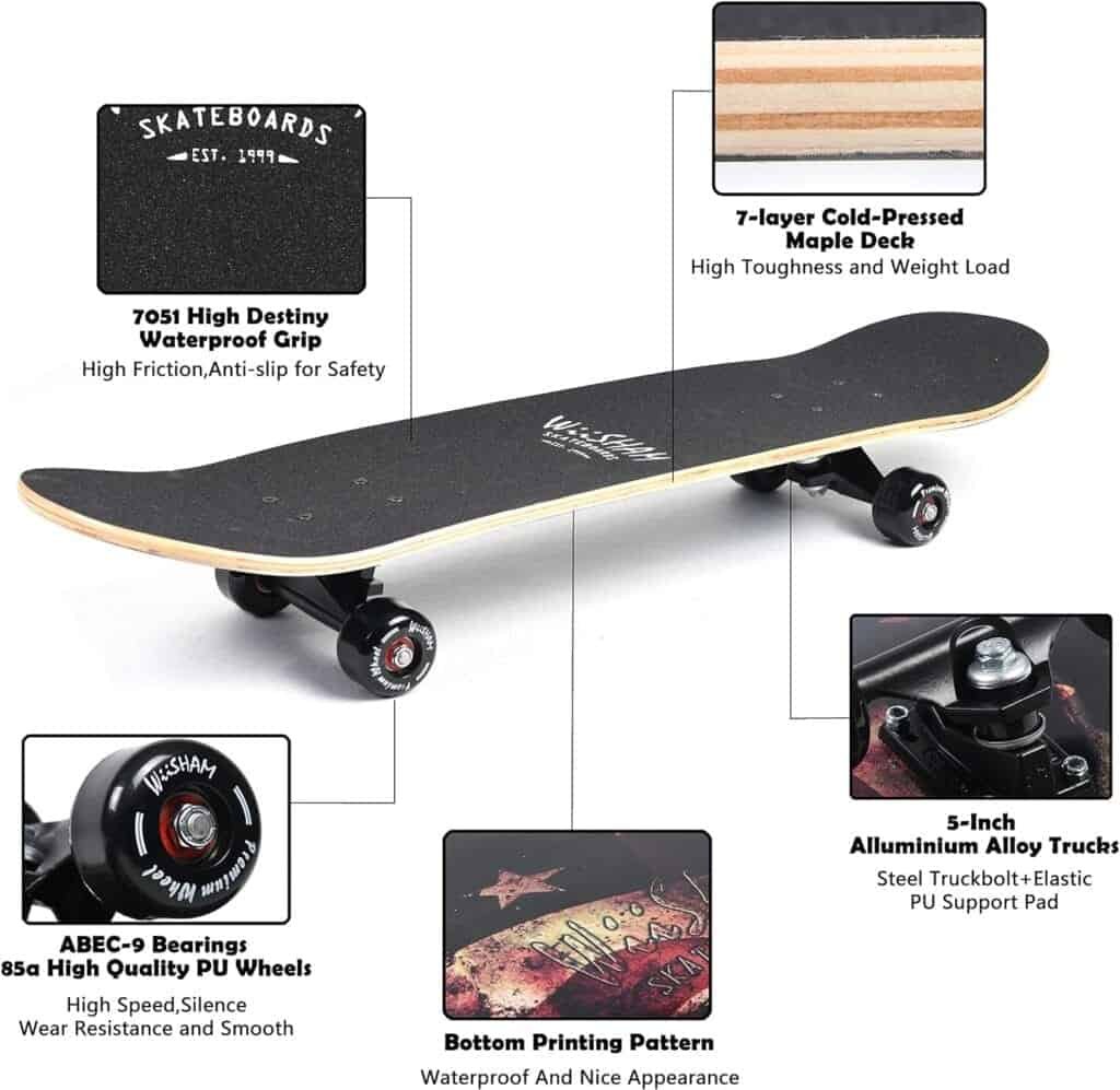 Amrgot Skateboards for Beginners,31 * 8 inches Complete Skateboards for Kids,Boys,Girls and Adults,7 Layer Maple Wood,Double Kick Deck Concave Standard and Tricks Skateboard