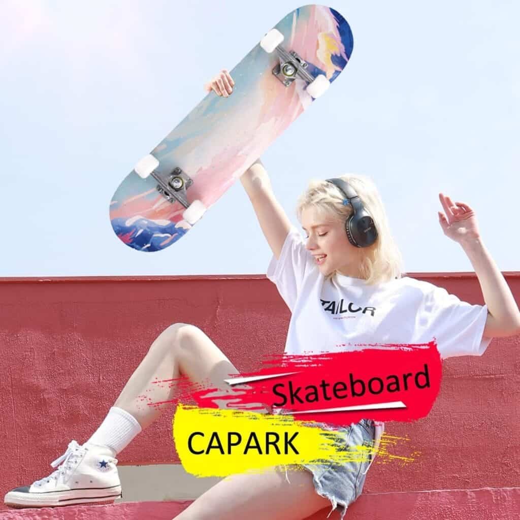 CAPARK Skateboards for Beginners Adults Youths Teens Kids Girls Boys 31 Inch Pro Complete Skate Boards 7 Layer Canadian Maple Double Kick Concave Longboards
