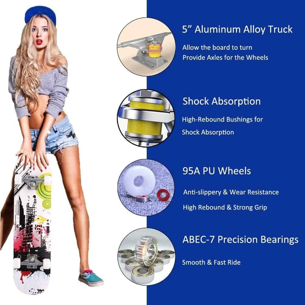 CAPARK Skateboards for Beginners Adults Youths Teens Kids Girls Boys 31 Inch Pro Complete Skate Boards 7 Layer Canadian Maple Double Kick Concave Longboards