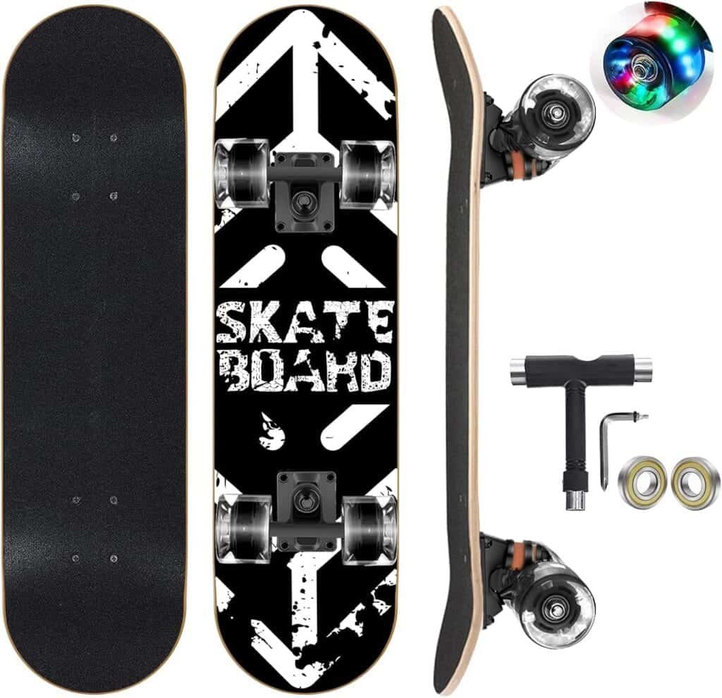 GIEEU Skateboards with Colorful Flashing Wheels for Beginners,Kids,Teens,Adults,31 x 8 Inch Complete Standard Skate Boards 9 Layer Canadian Maple Deck Concave Skateboard