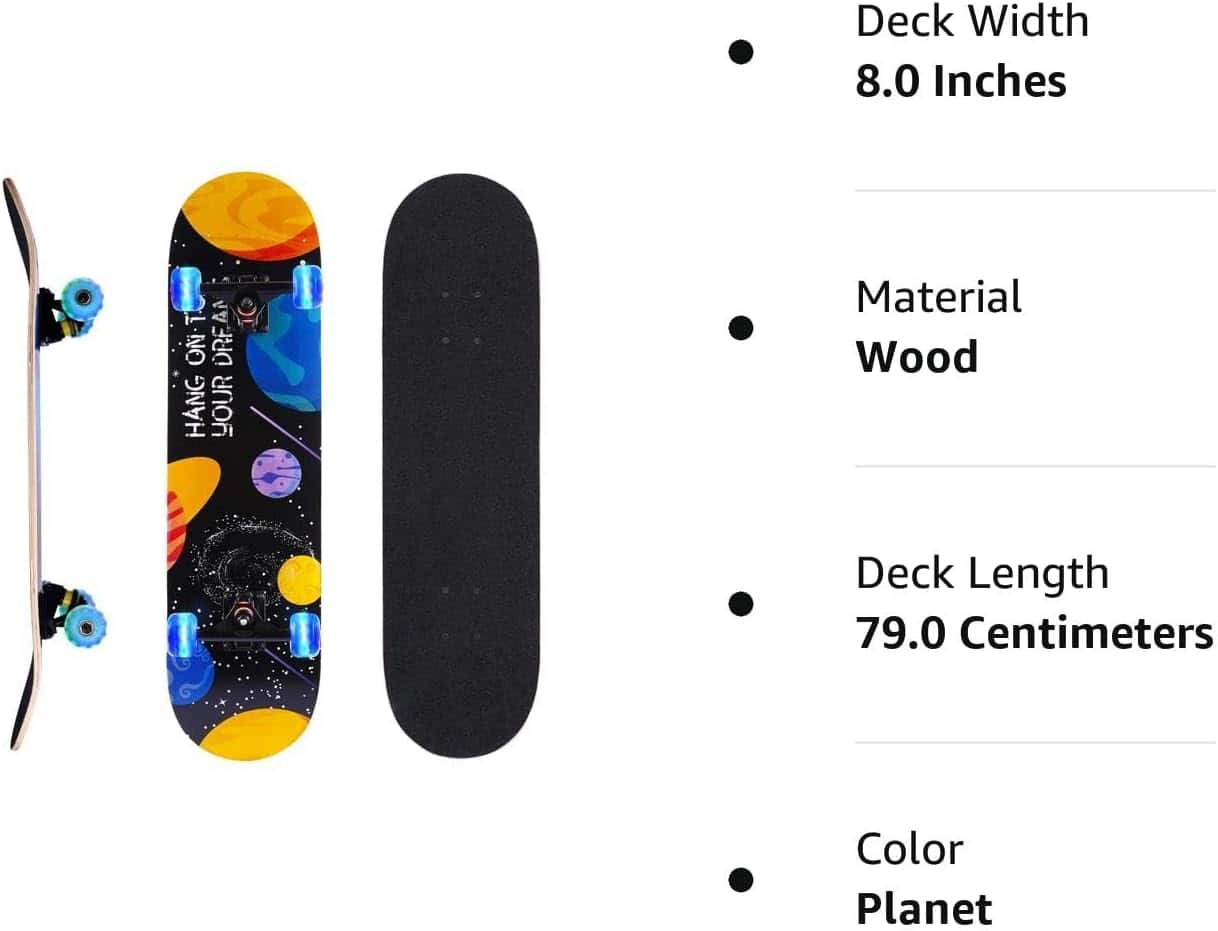 Skateboards for Beginners, 31 INCH Standard Complete Skateboard for Kids Boys Girls Adults Teens, 9 Layer Maple Wood Double Kick Concave Skate Board with LED Light Up Wheels
