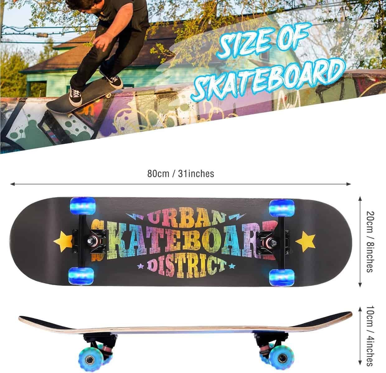 Skateboards for Beginners, 31 INCH Standard Complete Skateboard for Kids Boys Girls Adults Teens, 9 Layer Maple Wood Double Kick Concave Skate Board with LED Light Up Wheels