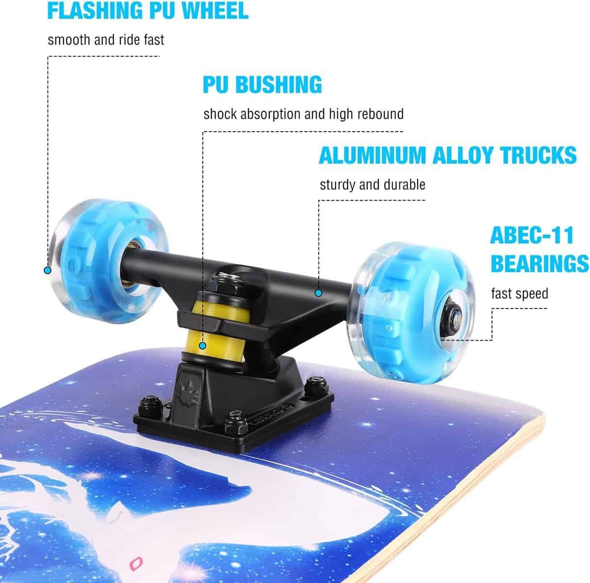 Skateboards for Beginners, 31 INCH Standard Complete Skateboard for Kids Boys Girls Adults Teens, 9 Layer Maple Wood Double Kick Concave Skate Board with LED Light Up Wheels