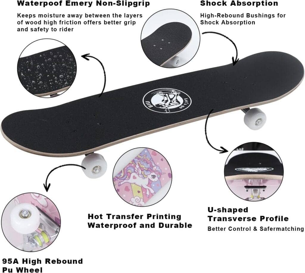 Skateboards for Beginners, 32X8 Inch Standard Complete Skateboard for Adults Youths Teens Kids Girls Boys 8 Layer Canadian Maple Double Kick Concave with Skate Tool