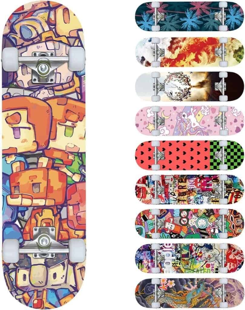 Skateboards for Beginners, 32X8 Inch Standard Complete Skateboard for Adults Youths Teens Kids Girls Boys 8 Layer Canadian Maple Double Kick Concave with Skate Tool