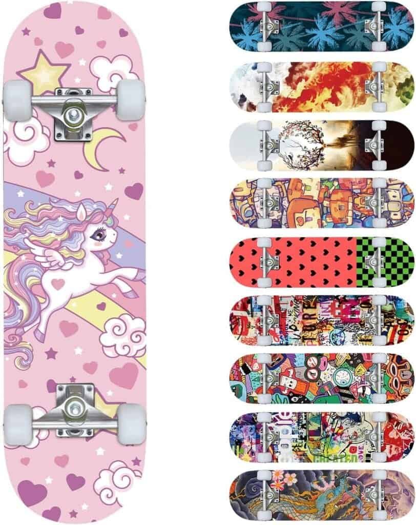 Skateboards for Beginners, 32X8 Inch Standard Complete Skateboard for Adults Youths Teens Kids Girls Boys 8 Layer Canadian Maple Double Kick Concave with Skate Tool