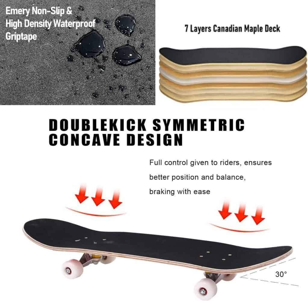 WALKEREN Skateboards for Beginners Adults Teens Youths Kids Boys Girls 31x8 Standard Complete Skateboard 7 Layer Canadian Maple Double Kick Concave Skate Boards