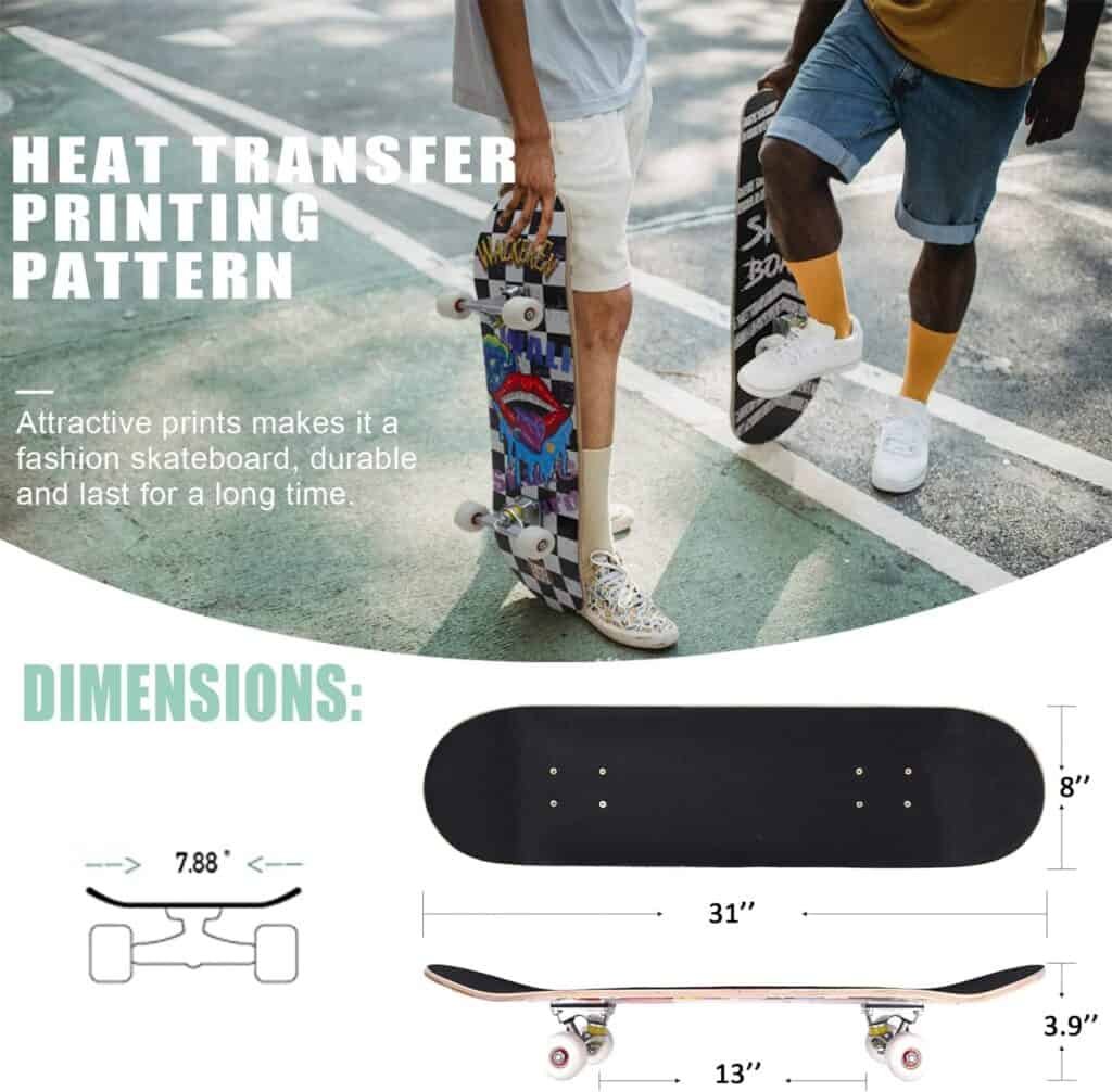 WALKEREN Skateboards for Beginners Adults Teens Youths Kids Boys Girls 31x8 Standard Complete Skateboard 7 Layer Canadian Maple Double Kick Concave Skate Boards