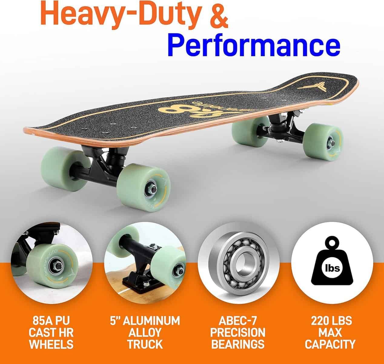 Complete Standard Skateboard Mini Cruiser - 6 Ply Canadian  Bamboo Maple Deck Complete Double Kick Skate Board W/ 5 Aluminum Trucks - for Kids, Teens, Adults - SereneLife (Black)