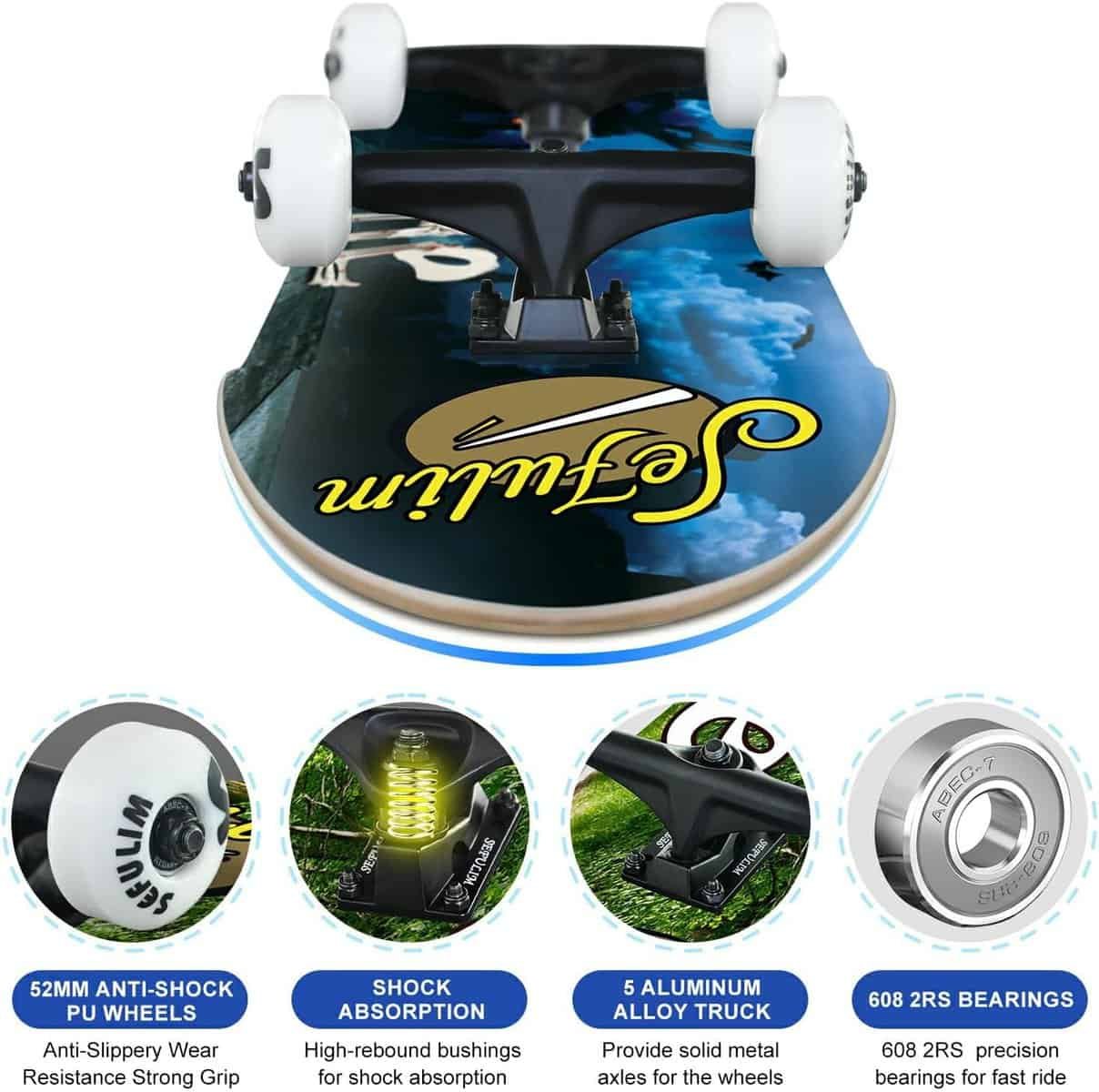 Sefulim Skateboard, 31 Adult Skateboard, Skateboard, Skateboard for Beginner Boys  Girls, 7 Layer Canadian Maple Double Kick Concave Professional and Tricks Skateboard