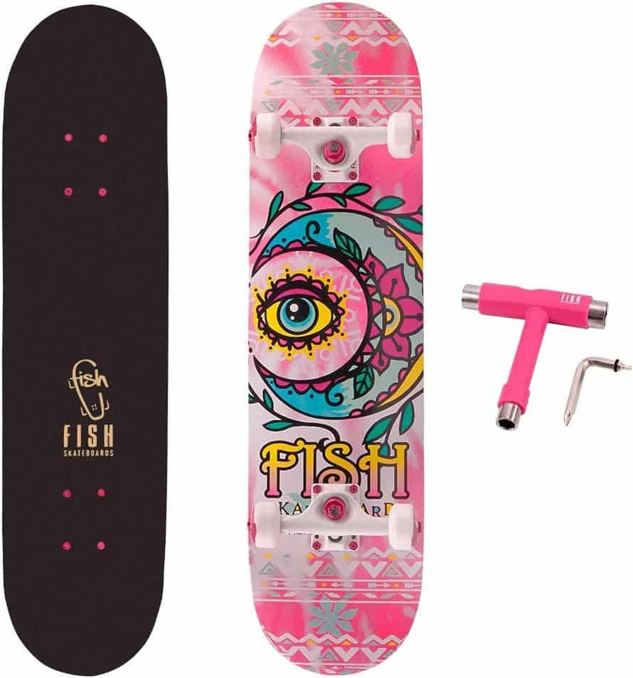 FISH SKATEBOARDS Standard Skateboard, Complete Skateboard 31x 8, 7 Layer Canadian Maple Double Kick Deck Concave Cruiser Trick Skateboards for Kids Boys Girls Youths Beginners.