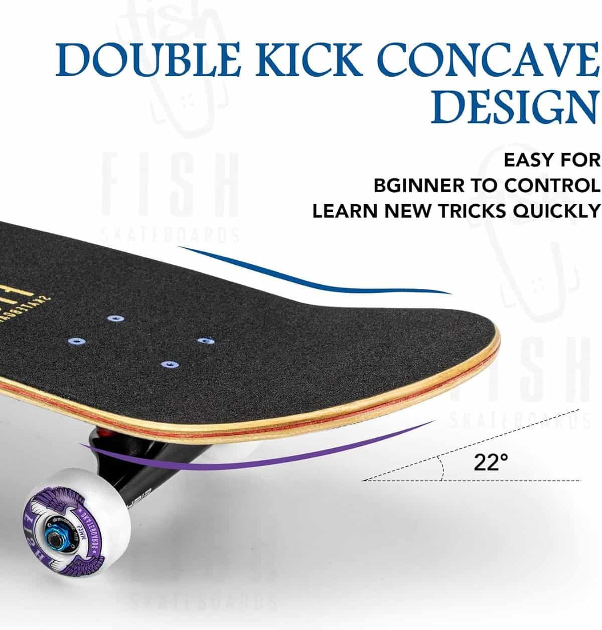 FISH SKATEBOARDS Standard Skateboard, Complete Skateboard 31x 8, 7 Layer Canadian Maple Double Kick Deck Concave Cruiser Trick Skateboards for Kids Boys Girls Youths Beginners.