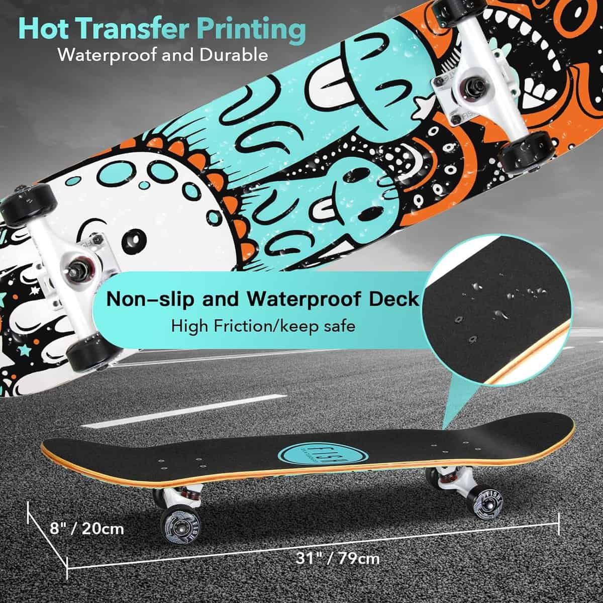 FISH SKATEBOARDS Standard Skateboard, Complete Skateboard 31x 8, 7 Layer Canadian Maple Double Kick Deck Concave Cruiser Trick Skateboards for Kids Boys Girls Youths Beginners.