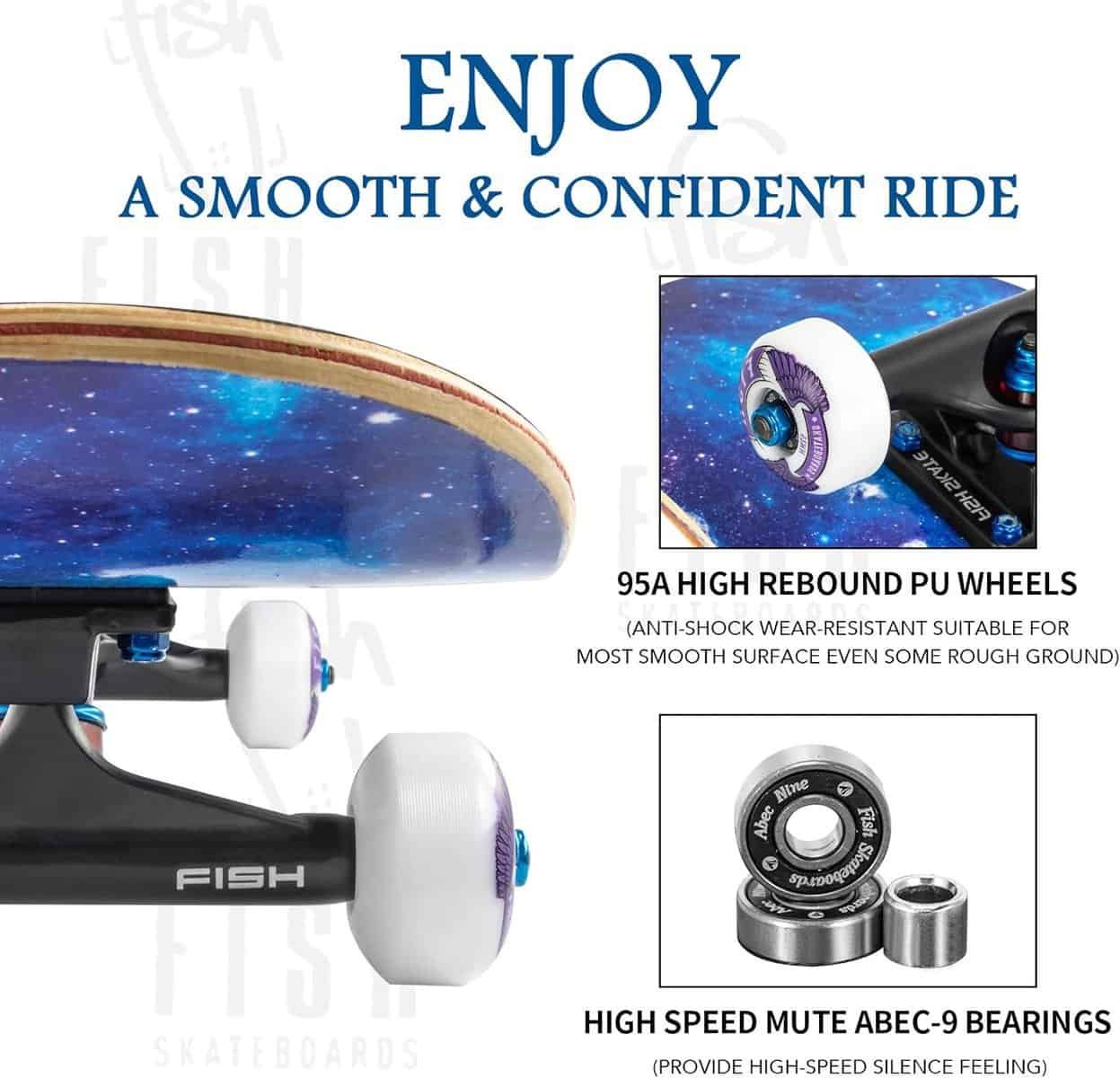 FISH SKATEBOARDS Standard Skateboard, Complete Skateboard 31x 8, 7 Layer Canadian Maple Double Kick Deck Concave Cruiser Trick Skateboards for Kids Boys Girls Youths Beginners.