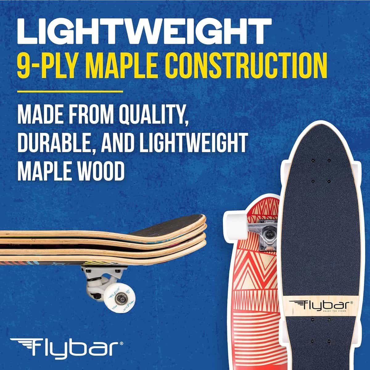 Flybar Skate Cruiser Boards – 24” – 27.5 Strong 7 Ply Canadian Maple Complete Skateboards - 60mm PU Wheels with High Speed ABEC 9 Bearings