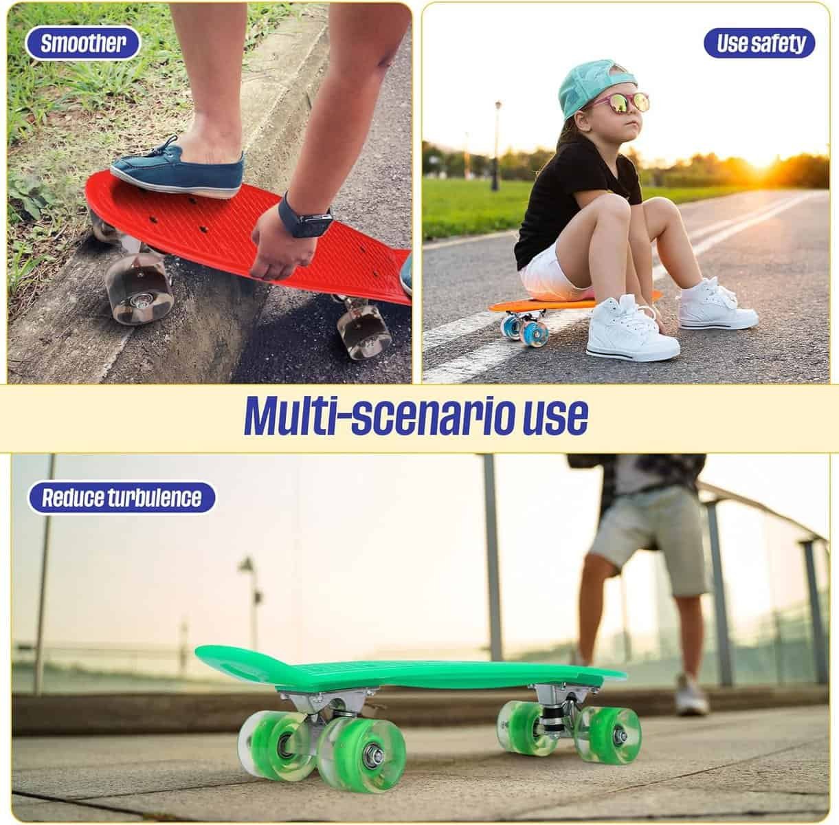 Liliful 4 Pcs Mini Cruiser Skateboard 22 Plastic Cruiser Complete Skateboard Classic Kids Skateboard Compact Beginner Skateboard for Girls Students Boys Teens Skaters, 4 Colors