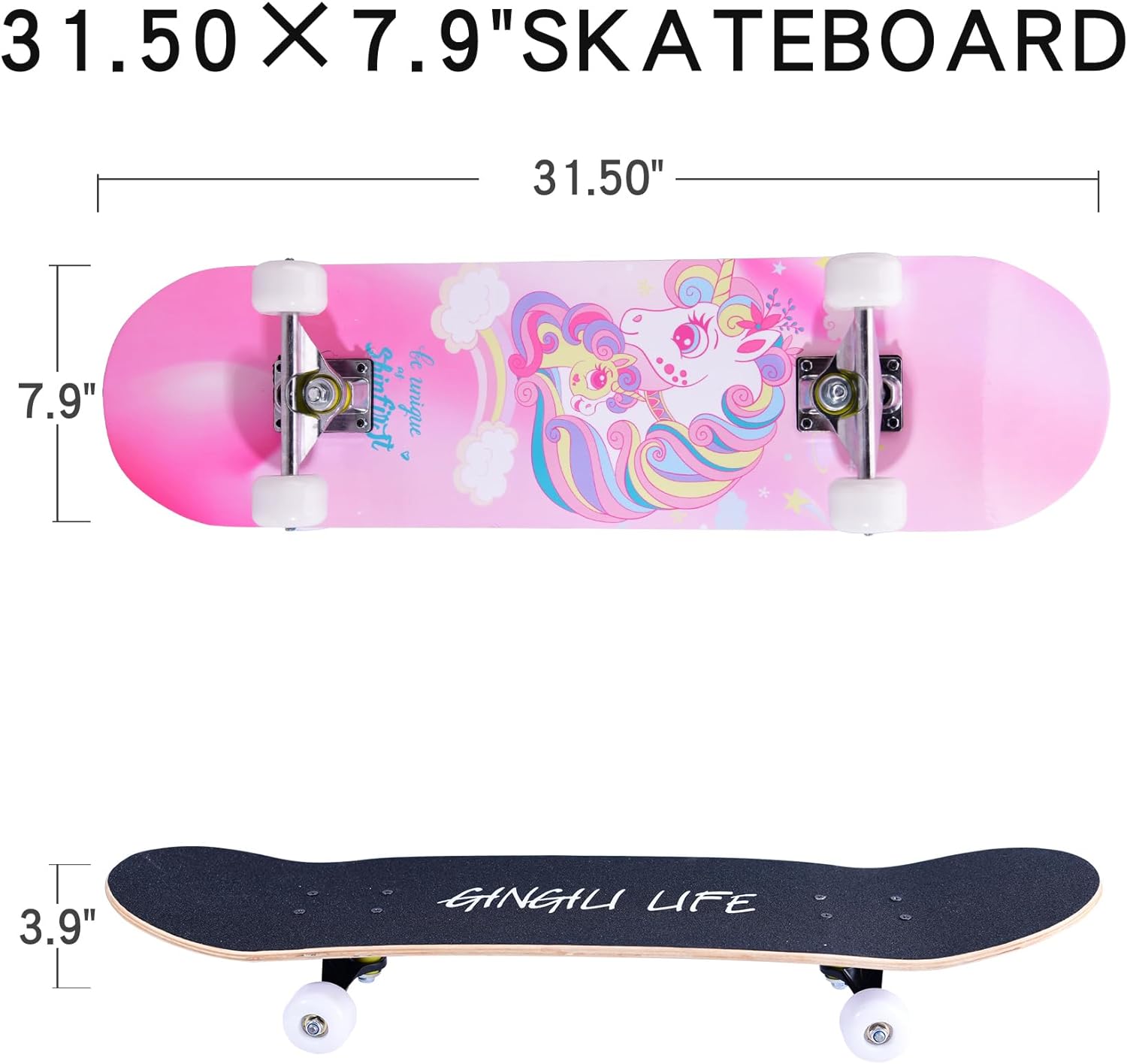 Skateboards for Beginners Kids Boys Girls Teens and Adults, 31 Inch Complete Standard Skateboards with 7-Layer Maple Double Kick Deck Unicorn and Skull Design