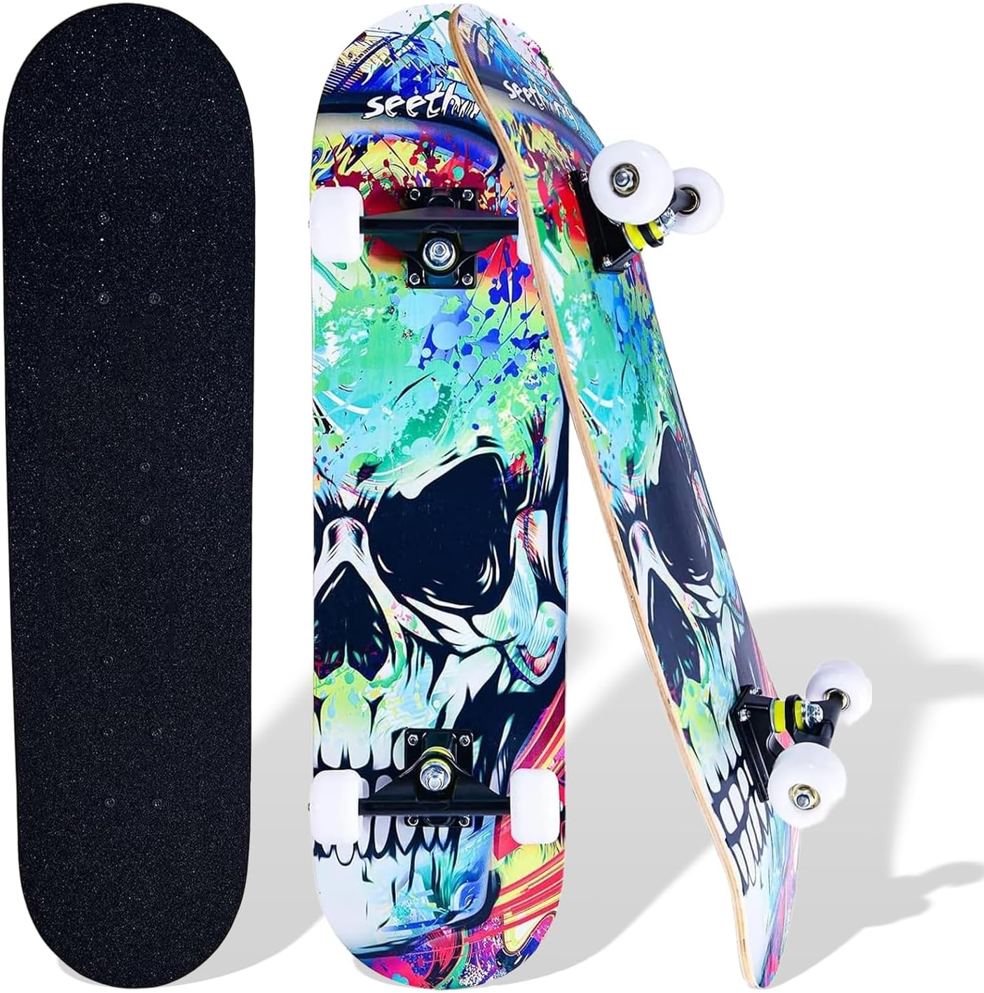 Skateboards for Beginners Kids Boys Girls Teens and Adults, 31 Inch Complete Standard Skateboards with 7-Layer Maple Double Kick Deck Unicorn and Skull Design