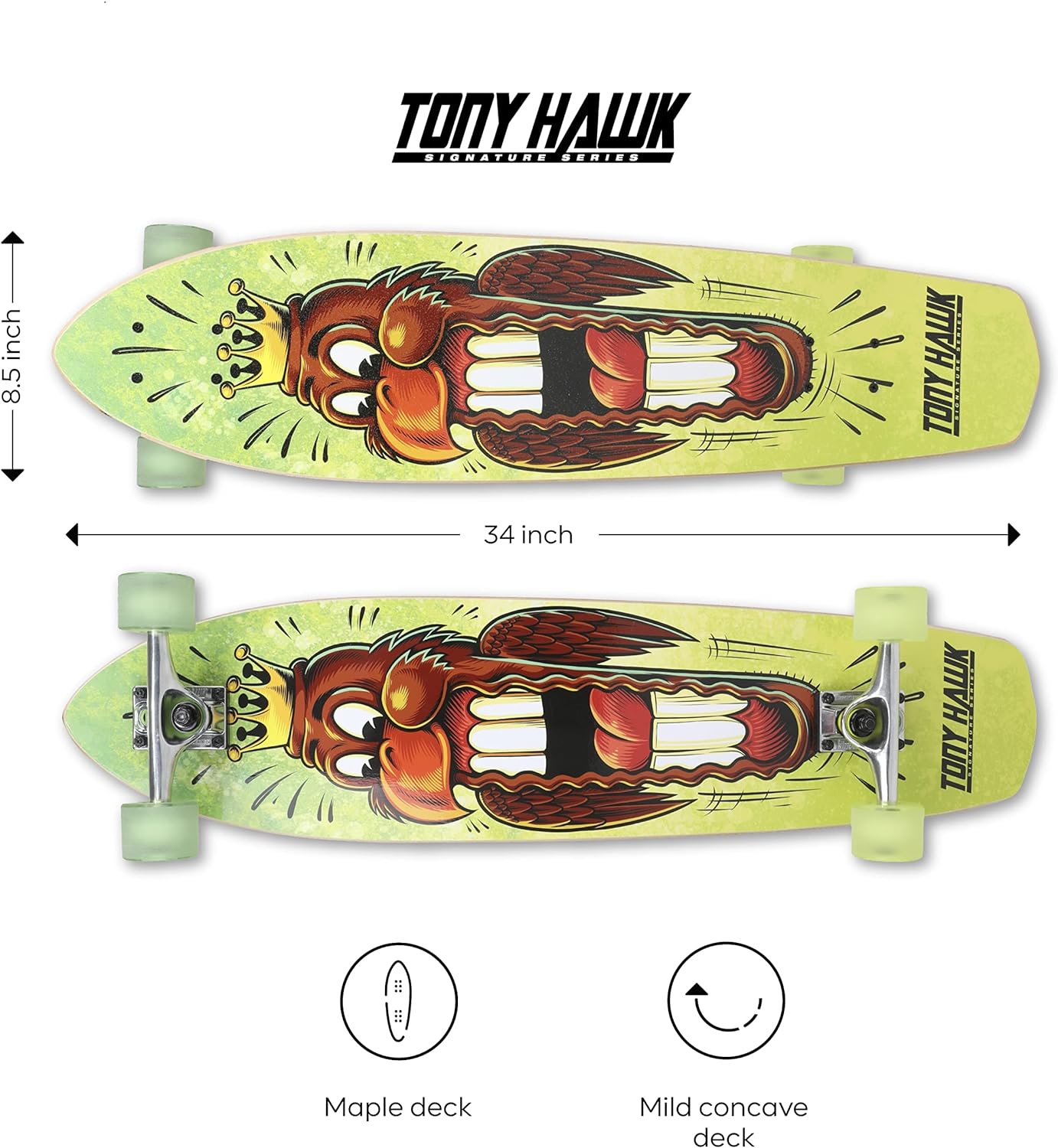 Tony Hawk 34 Complete Cruiser Skateboard, Cool Graphic Longboard, Great Option for Travel, Sport and Entertainment