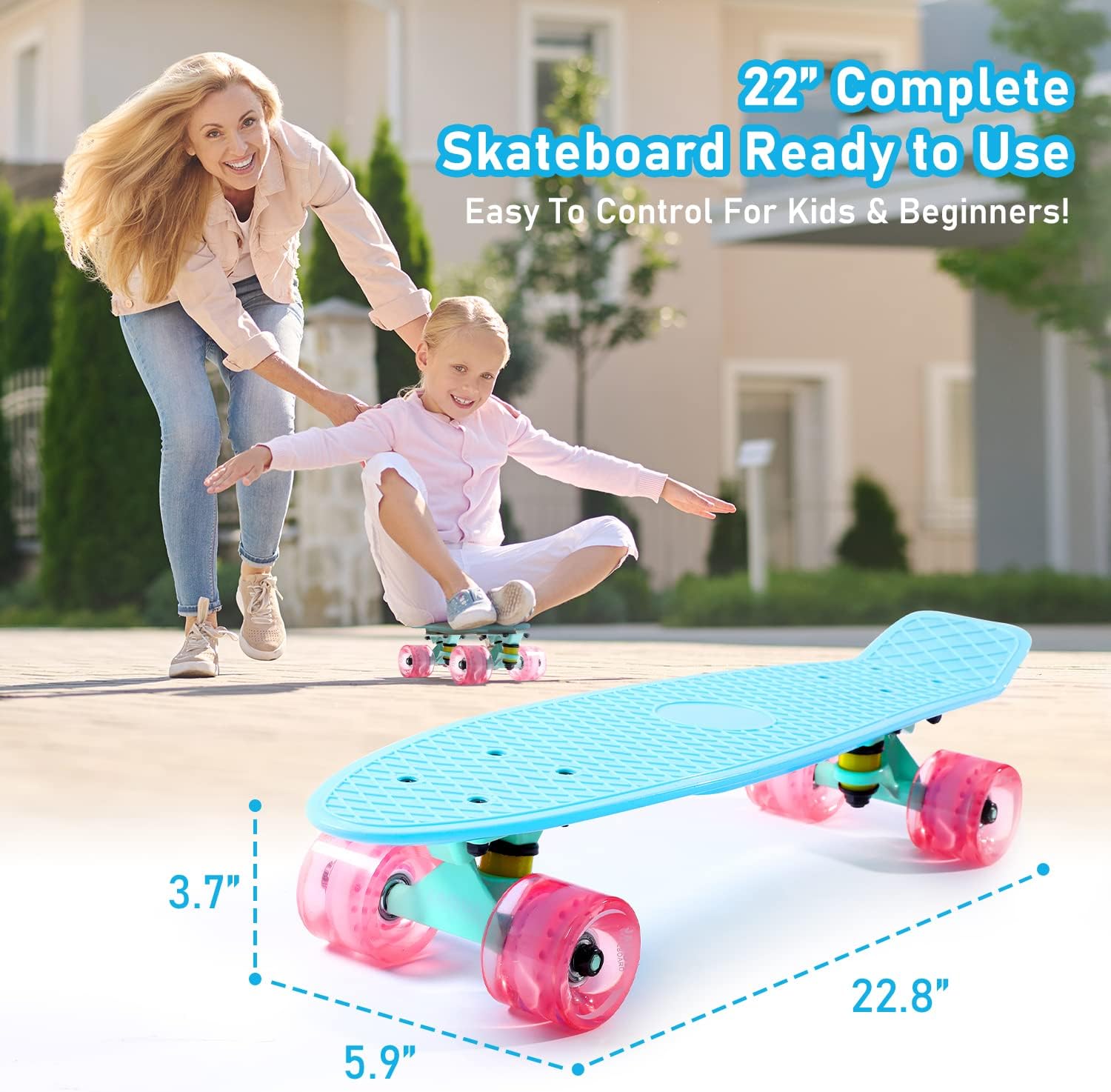 Cruiser Skateboard for Kids Ages 6-12 Completed Skateboards for Girls Boys Beginners, Gift Idea Mini 22 Plastic Skate Board