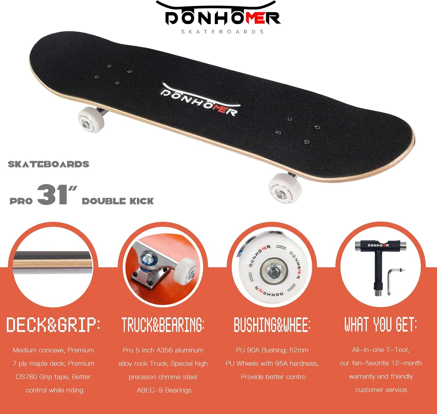 DONHOMER Skateboards - 31x7.75 Pro Skateboard for Adults/Kids Girls/Boys with T-Tool 【Pro 7ply Maple Deck ABEC9】 (Brown02)