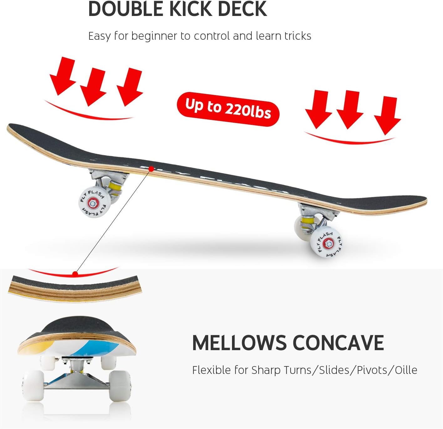 FlyFlash Skateboard, 31x 8 Complete Standard Skate Boards for Girls Boys Beginner, 9 Layer Maple Double Kick Deck Skateboards for Kids Youth Teens