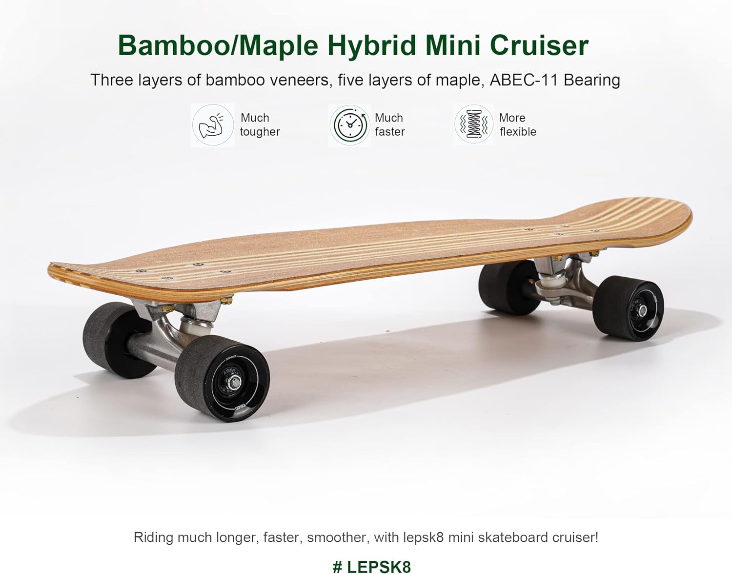 LEPSK8 Mini Cruiser Skateboard, Bamboo / Maple Hybrid Deck, (ABEC-11 Bearing, 60mm PU Wheel), 28 Complete Skateboard Cruiser Board - for Kids Boys Girls Teens Adults, Men and Women