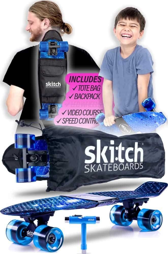 SKITCH Skateboards for Kids, Teens and Adults | Premium Skateboard Gift Set for Beginners and Pros Complete with Mini Cruiser Board + Skateboard Backpack + Video Course + Speed Control + Skate Tool