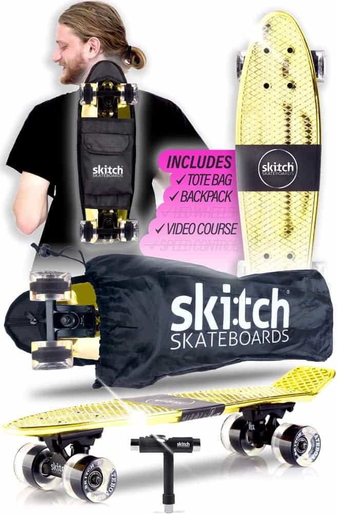 SKITCH Skateboards for Kids, Teens and Adults | Premium Skateboard Gift Set for Beginners and Pros Complete with Mini Cruiser Board + Skateboard Backpack + Video Course + Speed Control + Skate Tool