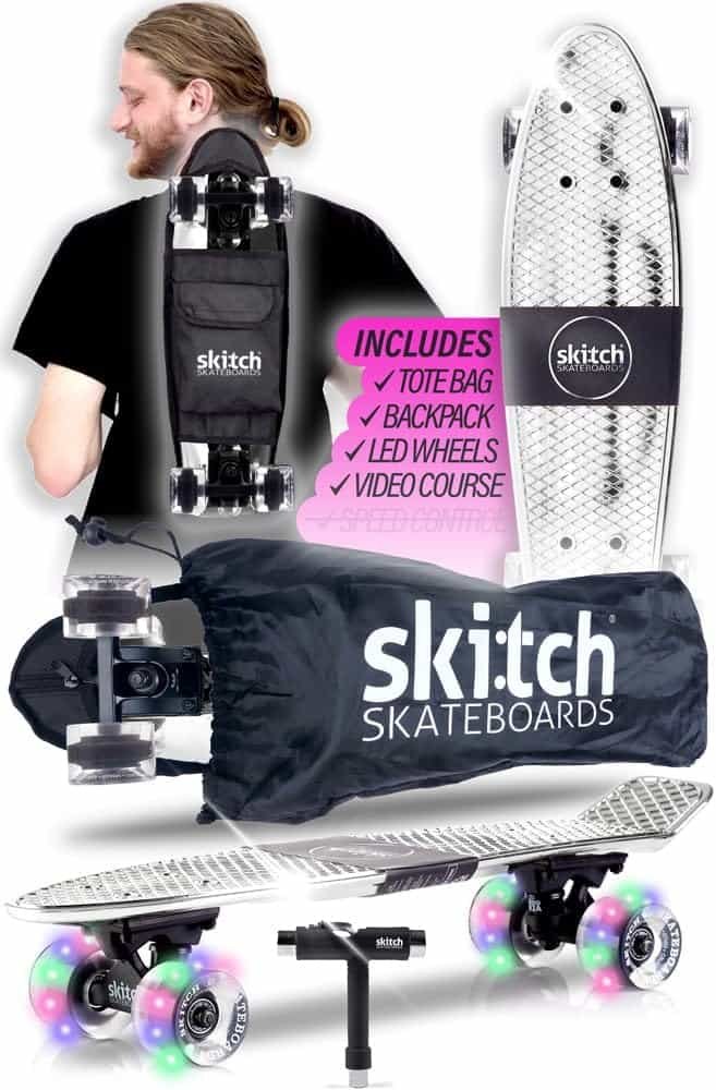 SKITCH Skateboards for Kids, Teens and Adults | Premium Skateboard Gift Set for Beginners and Pros Complete with Mini Cruiser Board + Skateboard Backpack + Video Course + Speed Control + Skate Tool