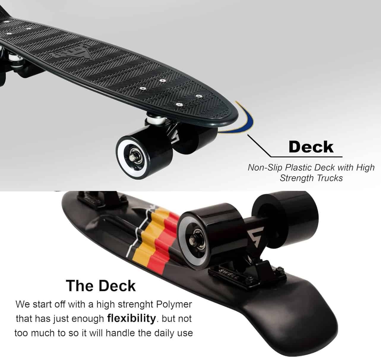 Swell Skateboards 22 inch and 28 Inch Plastic Retro Mini Cruiser Complete Skateboard for Beginners, Boys, Girls, Youths, Teens, Adults, and College Students.