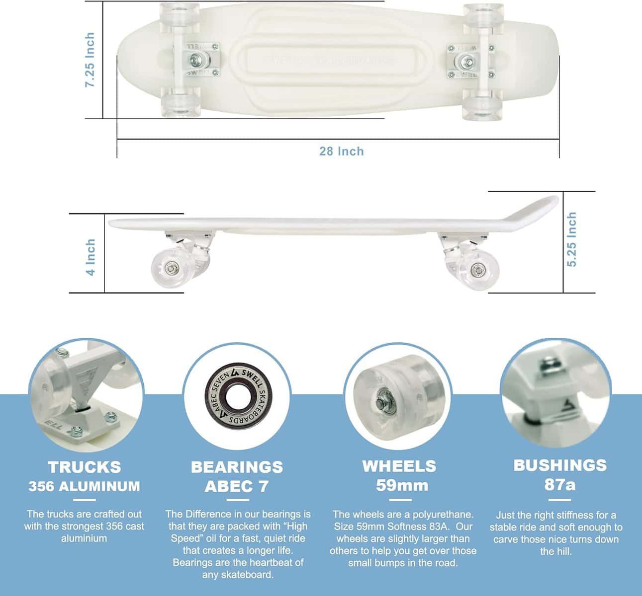 Swell Skateboards 22 inch and 28 Inch Plastic Retro Mini Cruiser Complete Skateboard for Beginners, Boys, Girls, Youths, Teens, Adults, and College Students.