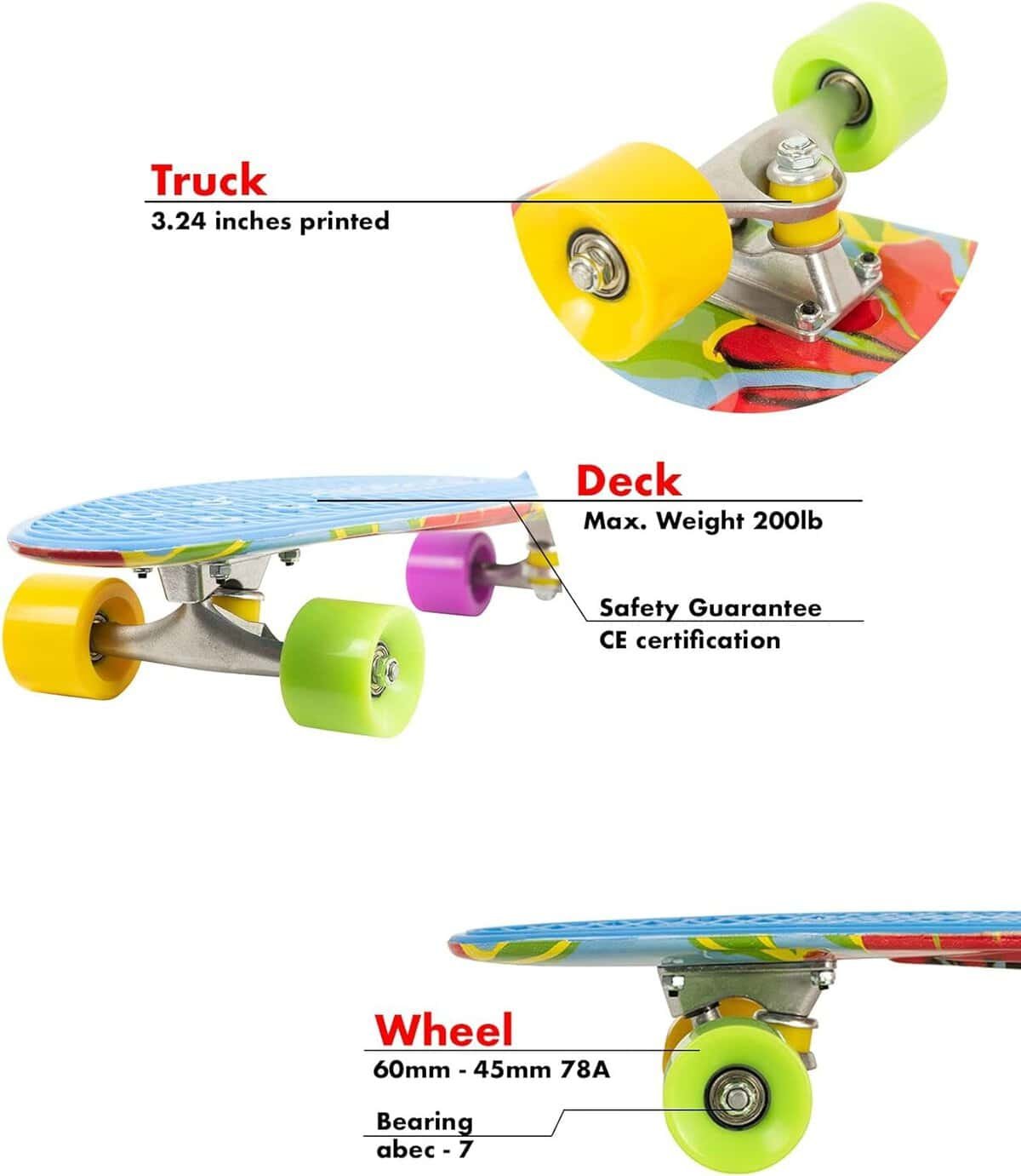 27-inch Vintage Skateboard - Skate for Beginners and Professionals - Shortboard for Kids and Adults - Stylish Board with Interchangeable Wheels