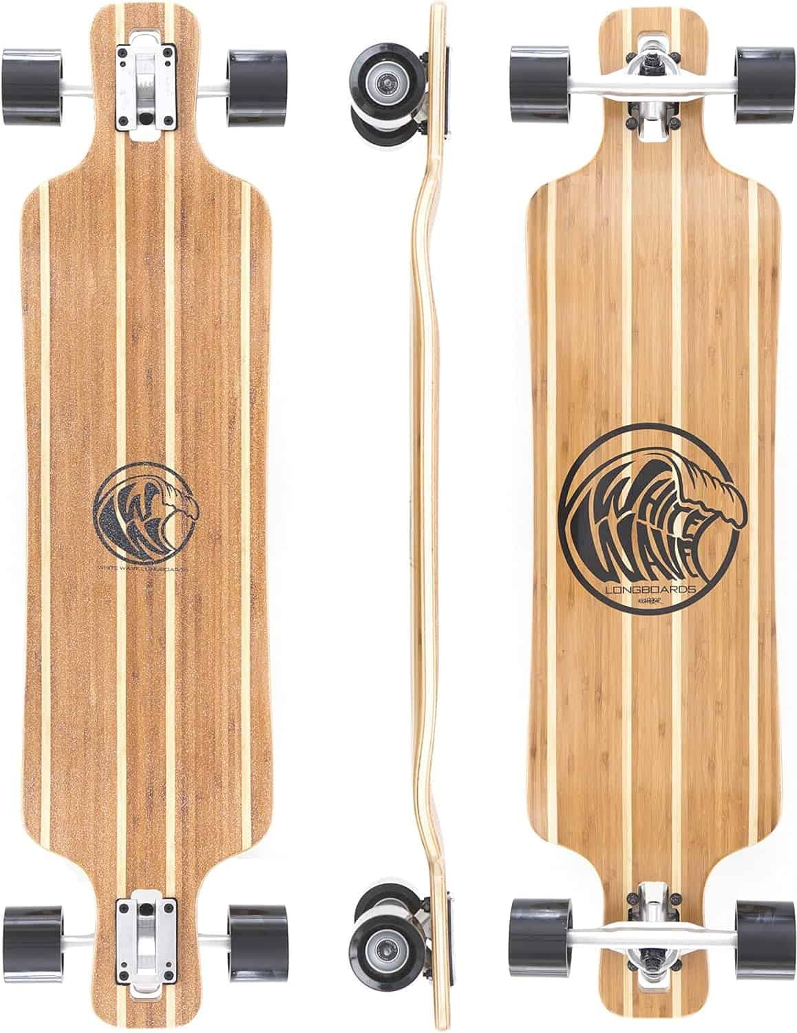 White Wave Bamboo Longboard Skateboard. Cruiser Drop Deck Long Board for Cruising, Carving and Freestyle Fun - Ideal Great Board for Beginner, Intermediate, or Advanced Riders. White Wave Bamboo Longboard Skateboard. Cruiser Drop Deck Long Board for Cruising, Carving and Freestyle Fun - Ideal Great Board for Beginner, Intermediate, or Advanced Riders.