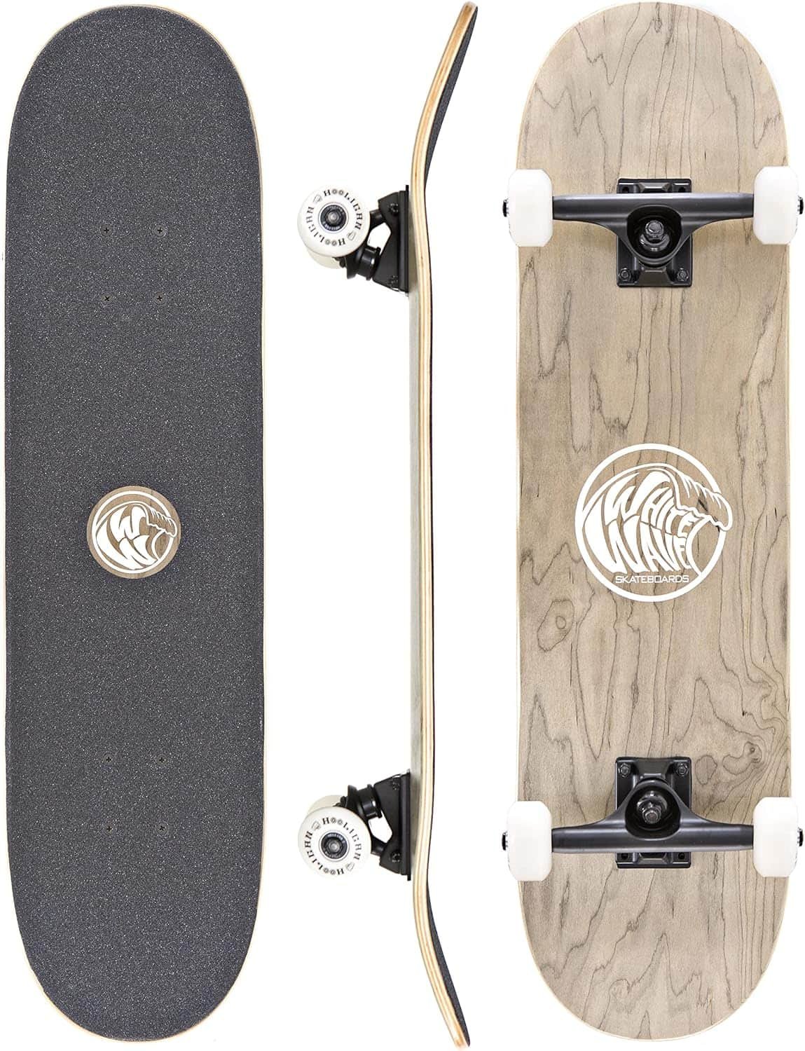 White Wave Skateboard - 31 Inch Complete Skateboard - Double Kick Skateboard - 7 Layer Canadian Maple Deck - Skateboard for Kids, Teens, Beginners, Advanced -Shredder