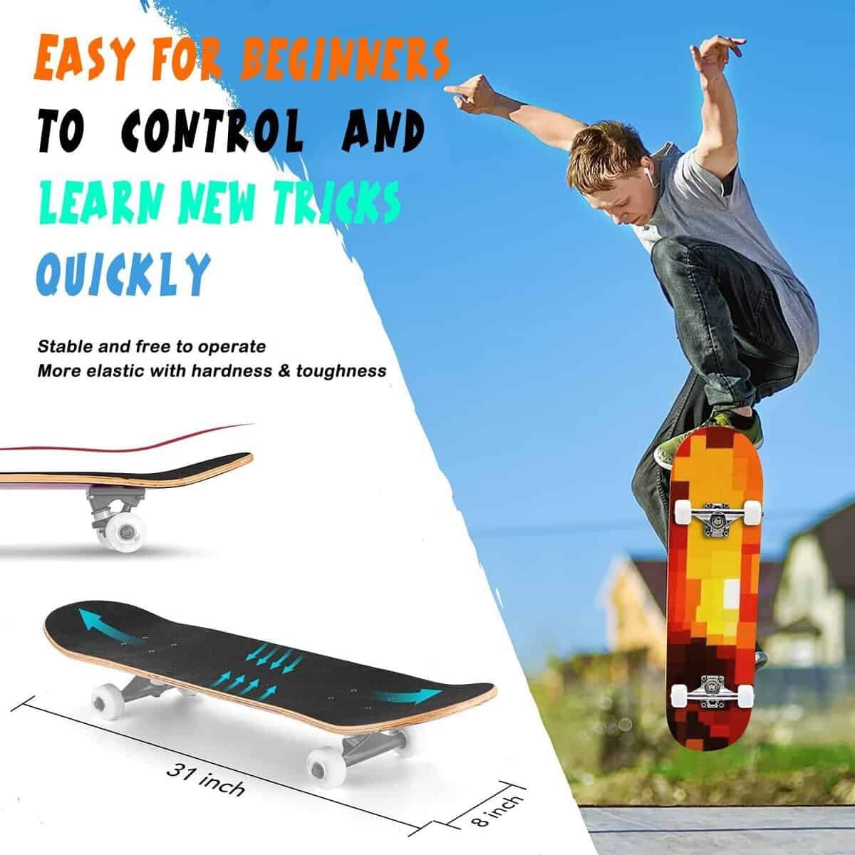 Skate Board - Canadian Maple Longboard 31 Pro Complete Board w/Concave Skateboard for Beginners, Adults, Teens  Kids