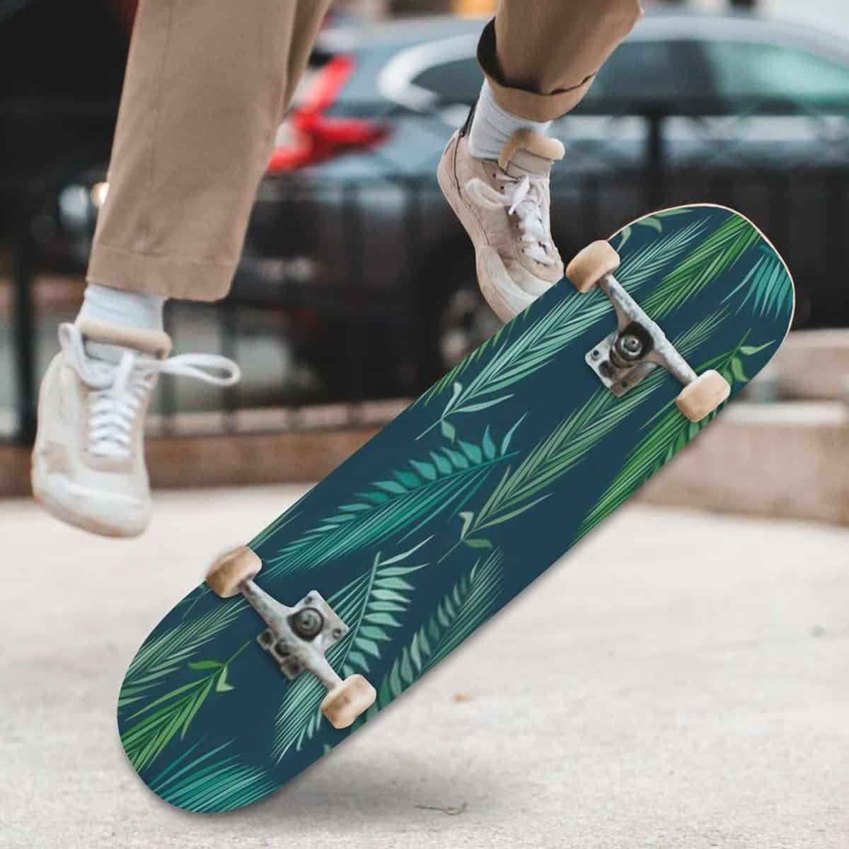 Tropical Floral Seamless Pattern Banana Monstera Leaves Yellow Blue Skateboards for Beginners 31x8 Maple Double Kick Concave Boards Complete Skateboards Outdoor for Adults Youths Kids Teens Gifts