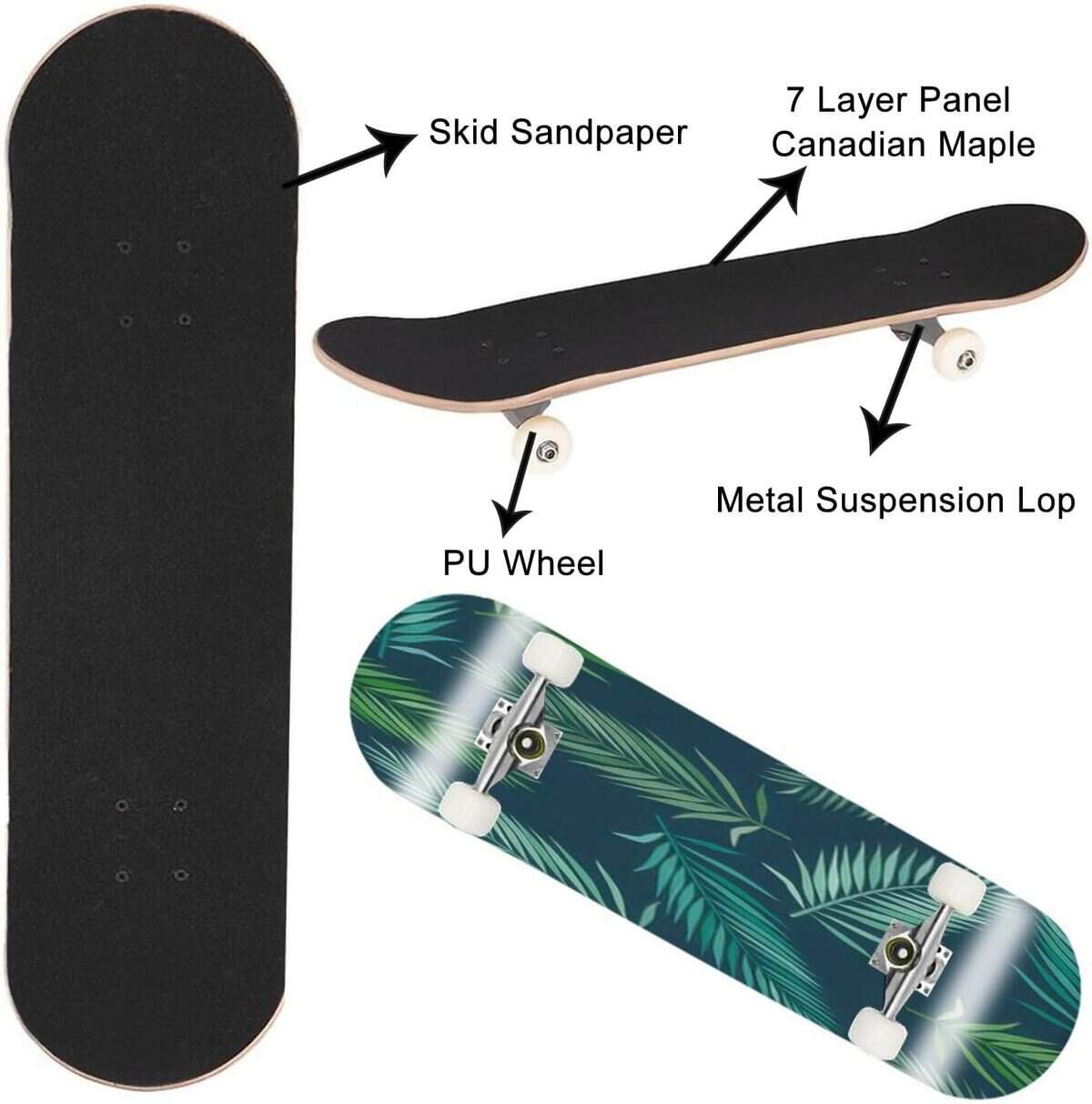 Tropical Floral Seamless Pattern Banana Monstera Leaves Yellow Blue Skateboards for Beginners 31x8 Maple Double Kick Concave Boards Complete Skateboards Outdoor for Adults Youths Kids Teens Gifts