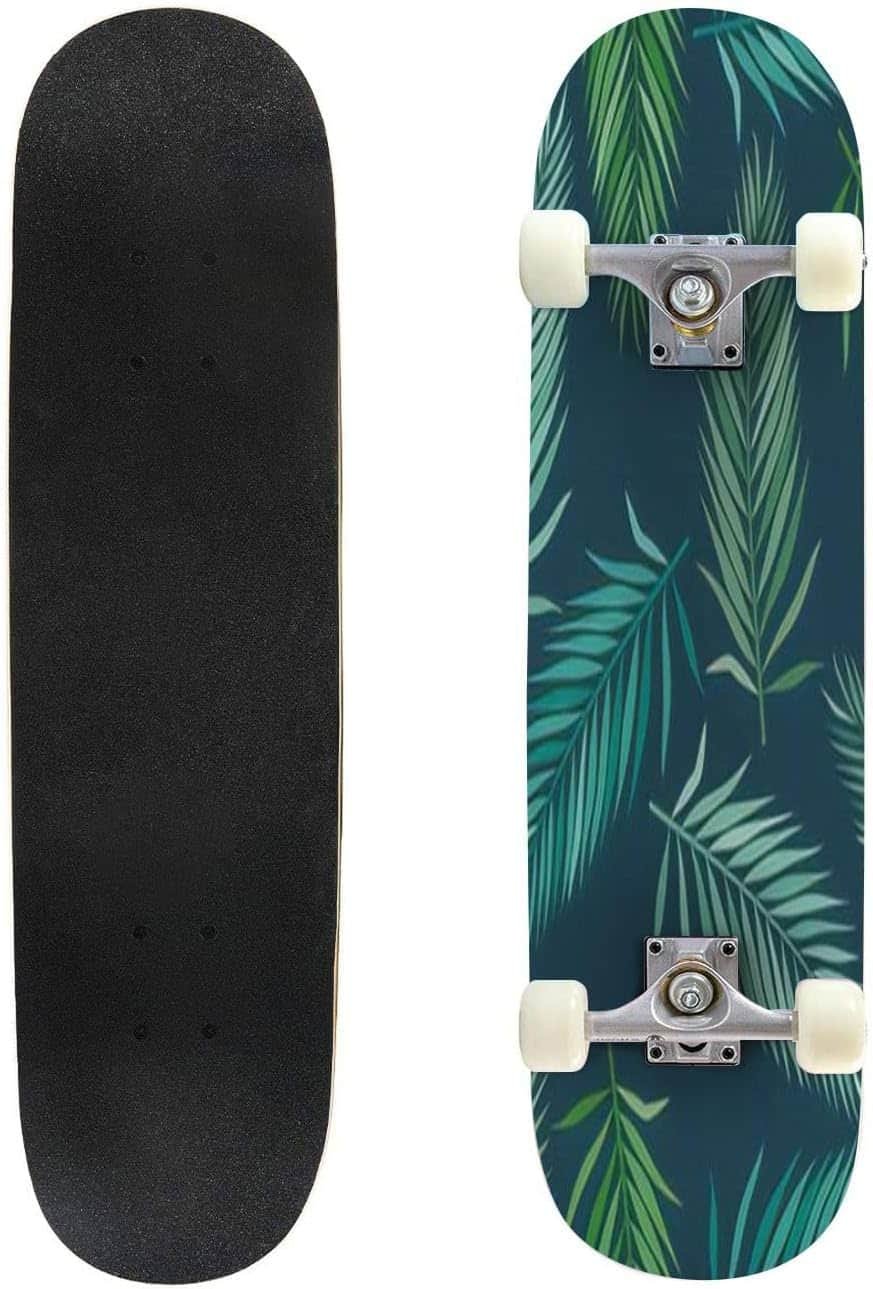 Tropical Floral Seamless Pattern Banana Monstera Leaves Yellow Blue Skateboards for Beginners 31x8 Maple Double Kick Concave Boards Complete Skateboards Outdoor for Adults Youths Kids Teens Gifts